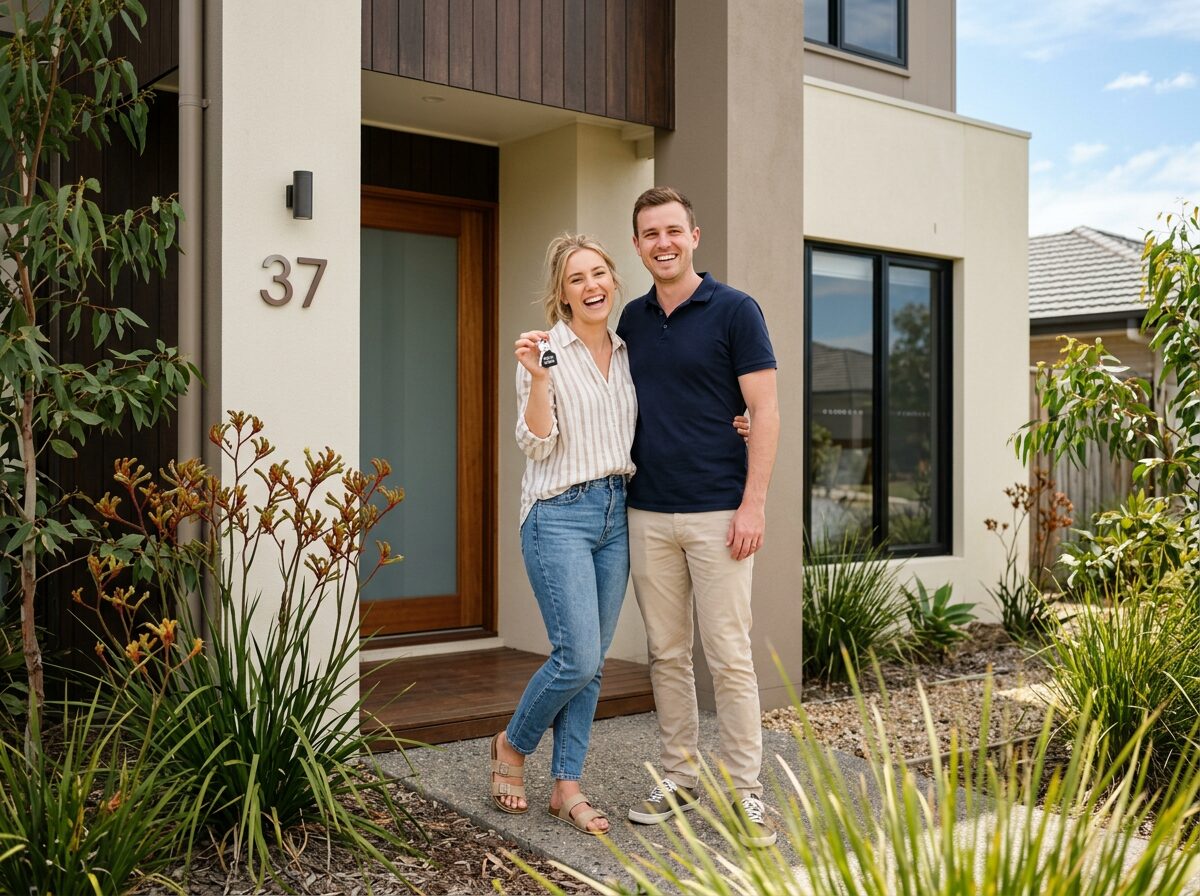 A happy young couple holding the keys to their first home