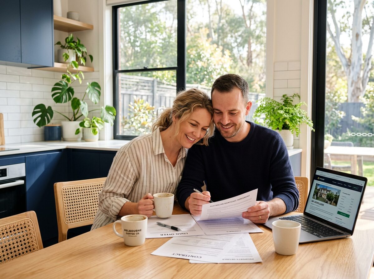 A relaxed couple reviewing their home loan options together at home