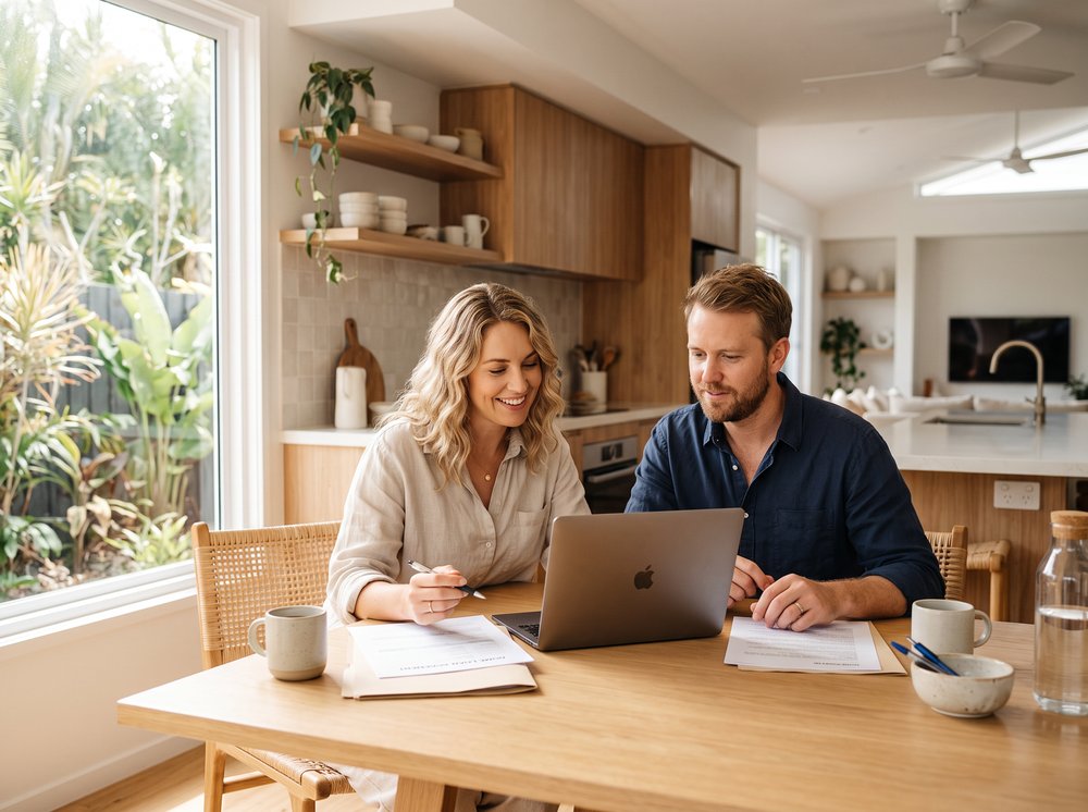 Homeowners reviewing their home loan at a bright kitchen table